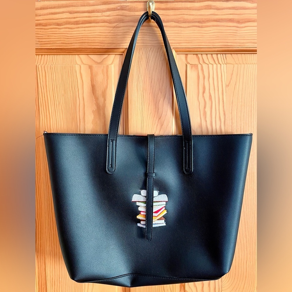Black Faux Leather Book Tote Bag Cute Stylish Librarian Teacher Gift Purse Large